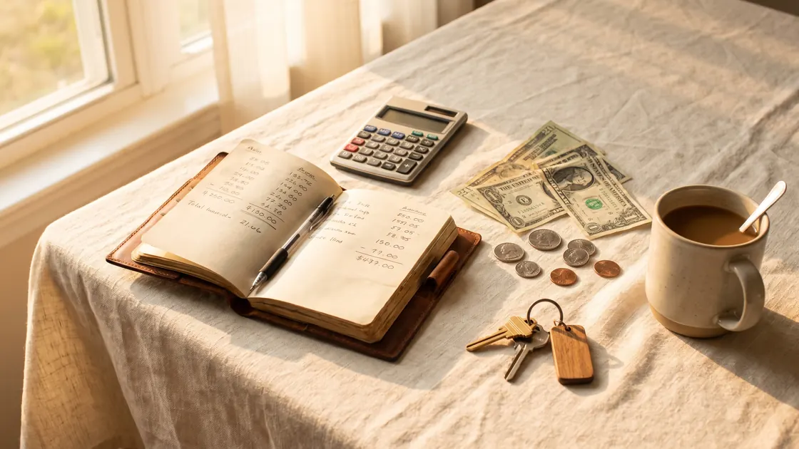 A household budget notebook, a calculator and house keys on a cream tablecloth in morning light