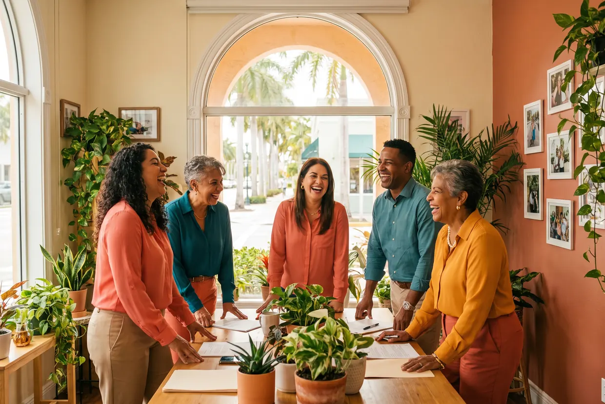 The Sunrise Health Enrollment team laughing together in their bright, plant-filled Miami office